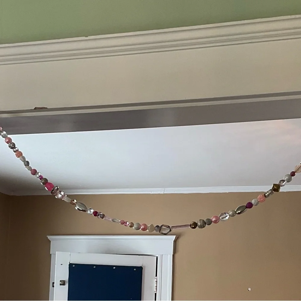 Garland, beaded- pink, gold, silver, crystal, clear. Over 8’